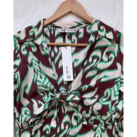 NWT Zara The Selena Blouse Printed Collared V-Neckline Tie Front Long Sleeve Top - Picture 9 of 13